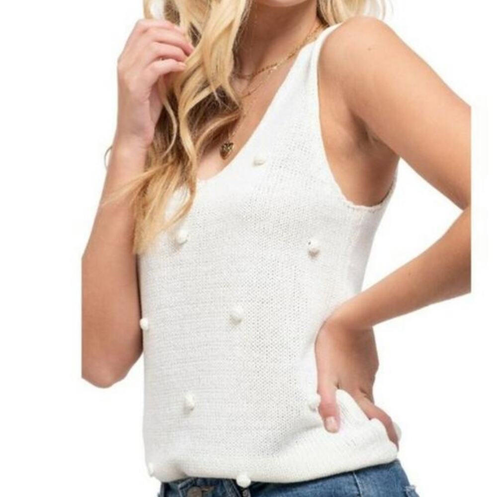 Blu Pepper Anthropologie ivory Pom Pom knit v neck tank small